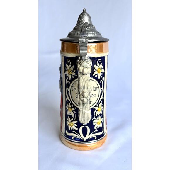 Ceramic Beer Stein, Metal Lid Covered, People Drinking Around Table, Germany - Picture 4 of 10